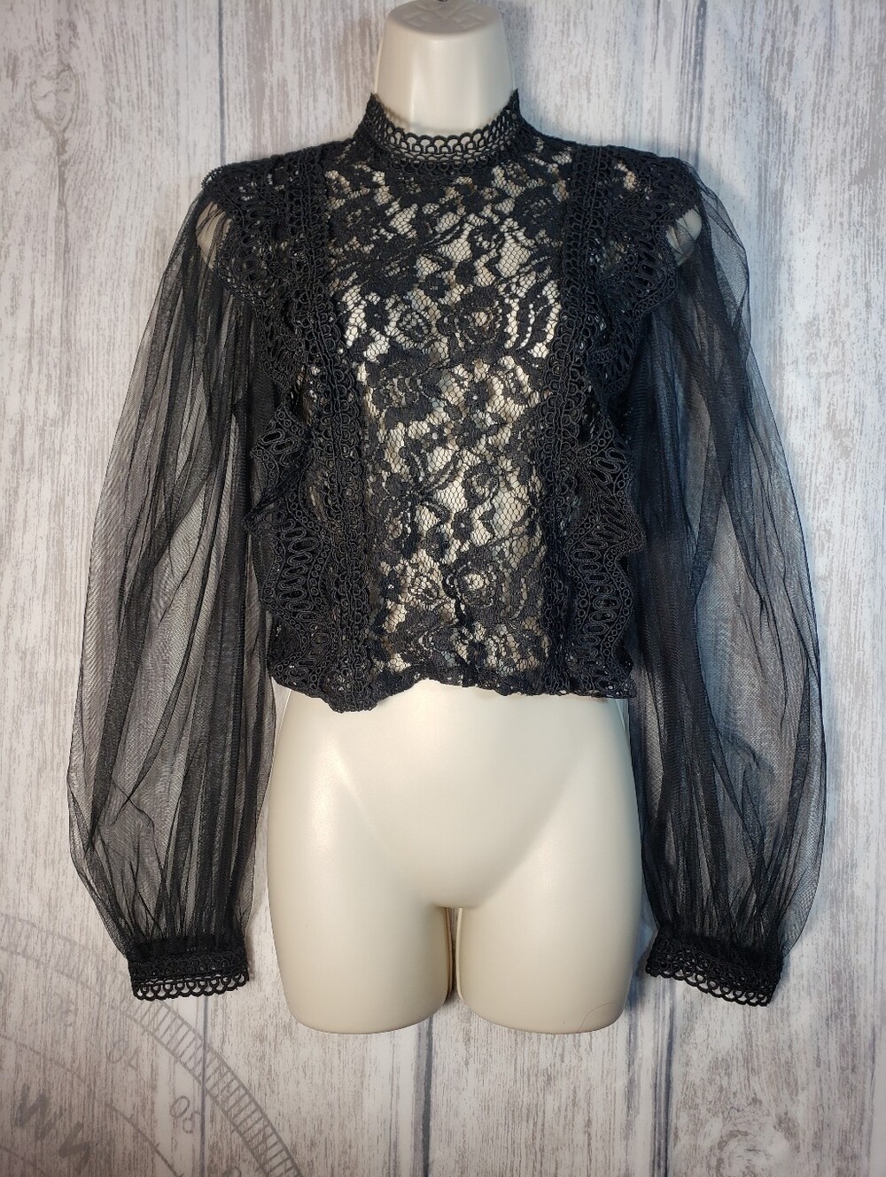 Black Lace High-Neck Sheer Balloon Sleeve Blouse Zip Back Whimsigoth Top Medium